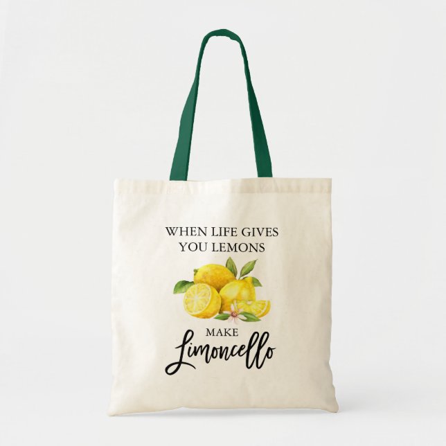 Modern Brush Script Limoncello Lemons Green Handle Tote Bag (Front)