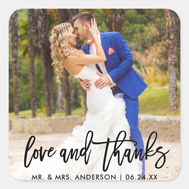 Modern Brush Script Love and Thanks Wedding Square Sticker (Front)