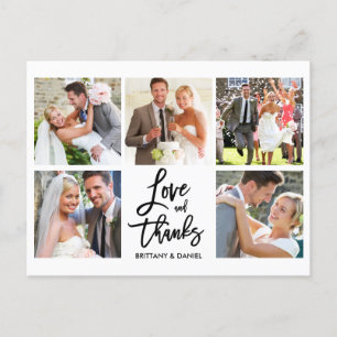 Modern Brush Script Love Thanks 5 Photo Wedding Postcard