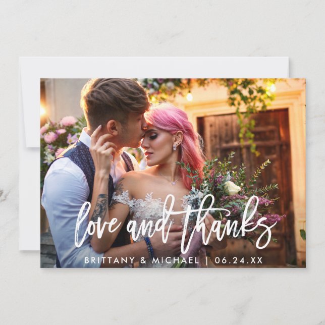 Modern Brush Script Love Thanks Photo Wedding Thank You Card (Front)