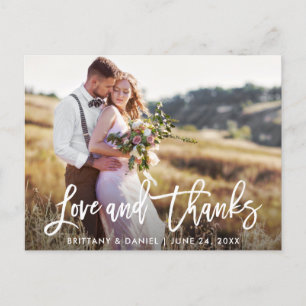 Modern Brush Script Love Thanks   Wedding Photo Postcard