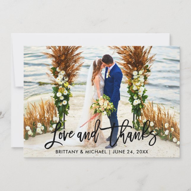 Modern Brush Script | Love Thanks Wedding Photo Thank You Card (Front)