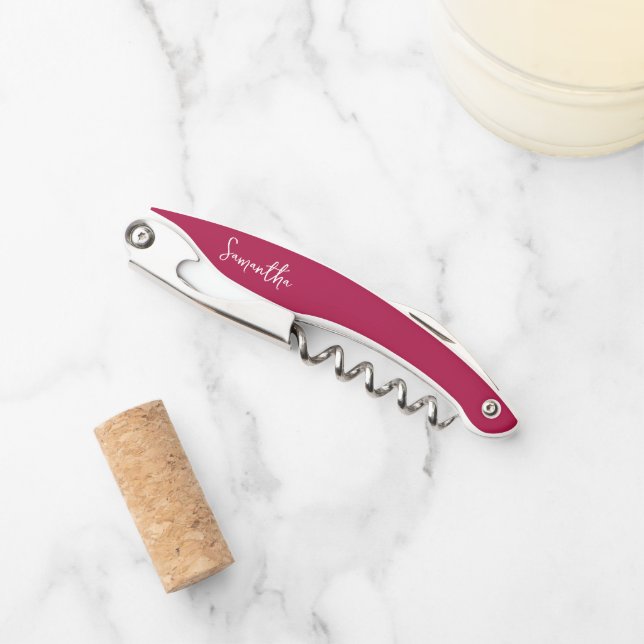 Modern Brush Script Magenta Bridesmaid Proposal Corkscrew (Front)