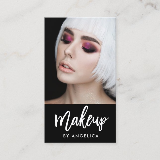 Modern Brush Script Makeup Artist Photo Business Card (Front)