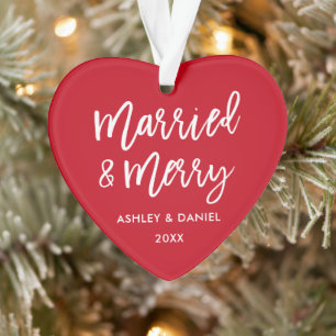 Modern Brush Script Married & Merry Wedding Heart Ornament