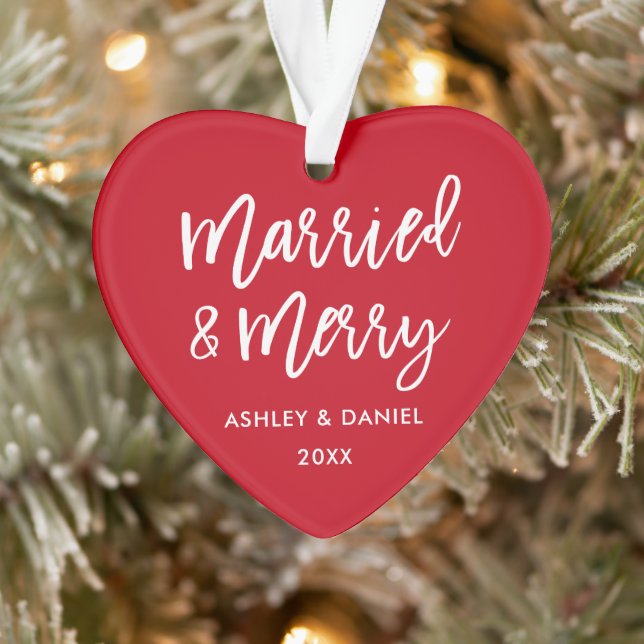 Modern Brush Script Married & Merry Wedding Heart Ornament (Tree)