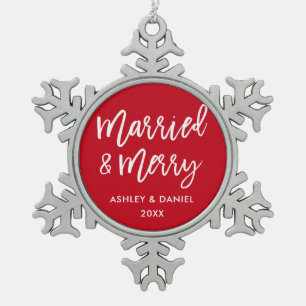 Modern Brush Script Married & Merry Wedding Snowflake Pewter Christmas Ornament