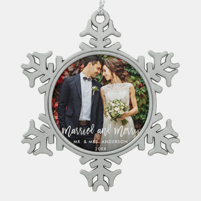 Modern Brush Script Married & Merry Wedding Snowflake Pewter Christmas Ornament (Front)