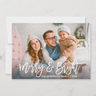 Modern Brush Script Merry and Bright Family Photo Holiday Card