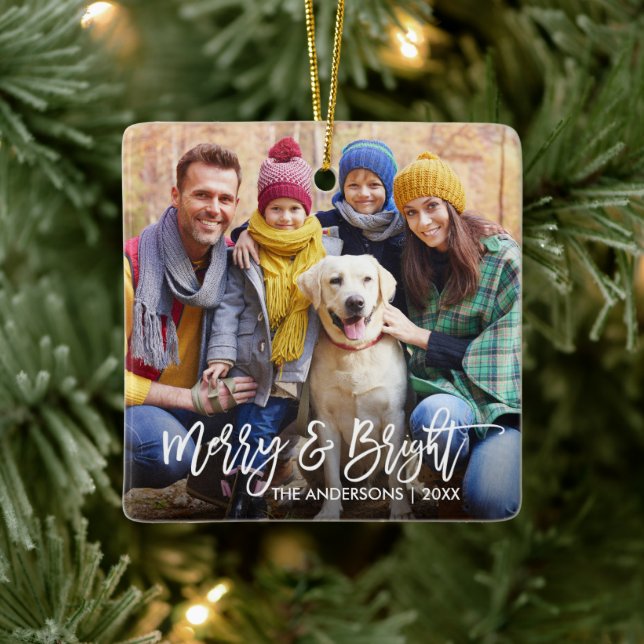Modern Brush Script Merry & Bright Family Photo Ceramic Ornament (Tree)