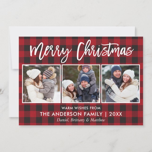 Modern Brush Script Merry Christmas 3 Photo Plaid Holiday Card (Front)
