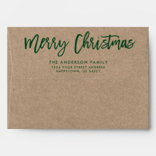 Modern Brush Script Merry Christmas Kraft Green Envelope