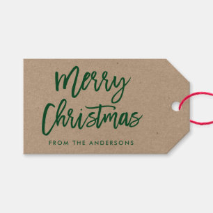 Modern Brush Script Merry Christmas Kraft Green Gift Tags