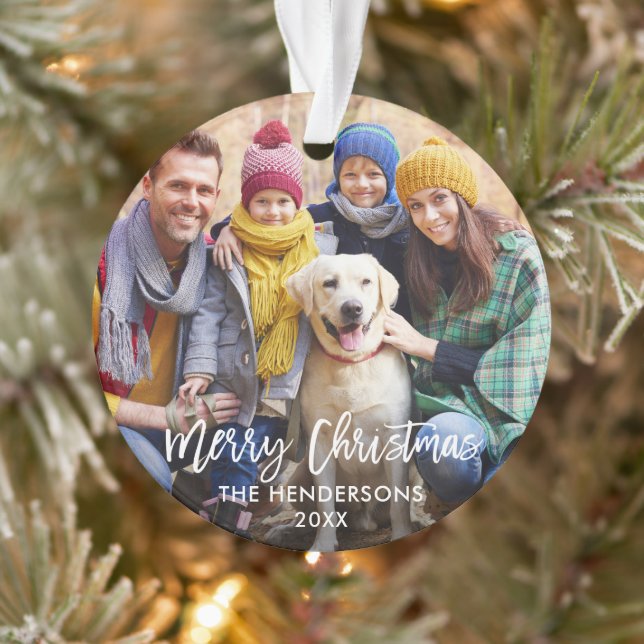 Modern Brush Script Merry Christmas Photo Ornament (Tree)