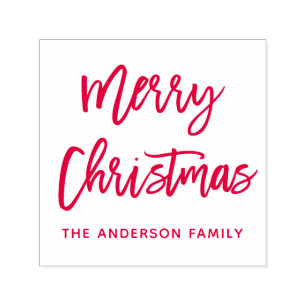 Modern Brush Script Merry Christmas Square Red Self-inking Stamp