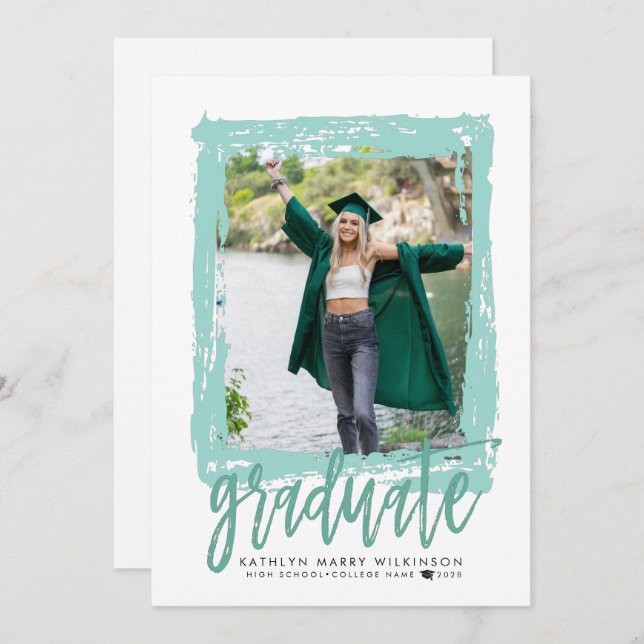 Modern Brush Script Mint 2 Photo Graduation Party  Invitation (Front/Back)
