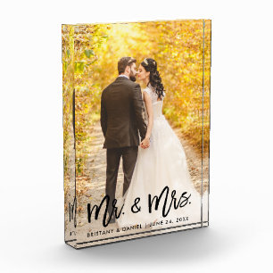 Modern Brush Script Mr. and Mrs. Wedding Photo Block