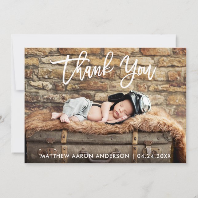 Modern Brush Script New Baby Thank You Card (Front)