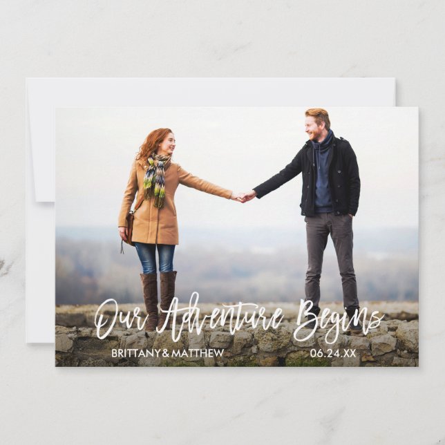Modern Brush Script Our Adventure Begins Photo Save The Date (Front)