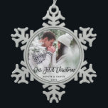 Modern Brush Script Our First Christmas Couple B Snowflake Pewter Christmas Ornament<br><div class="desc">Modern Brush Script Our First Christmas Couple Photo Ornament</div>