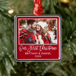 Modern Brush Script Our First Christmas Couple Red Metal Tree Decoration