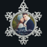 Modern Brush Script Our First Christmas Couple Snowflake Pewter Christmas Ornament<br><div class="desc">Modern Brush Script Our First Christmas Couple Photo Ornament</div>