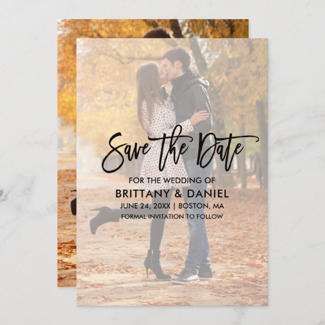 Modern Brush Script Overlay Save The Date Card (Front/Back)