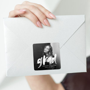 Modern Brush Script Photo Graduation Square Sticker