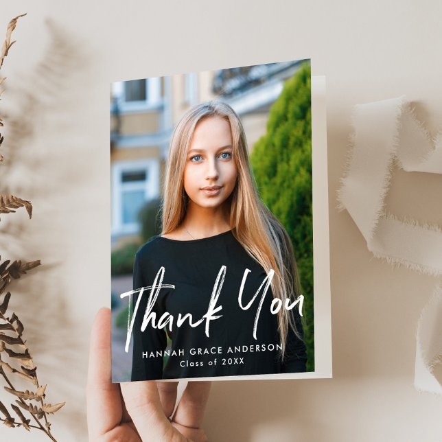 Modern Brush Script Photo Graduation Thank You Card (Creator Uploaded)