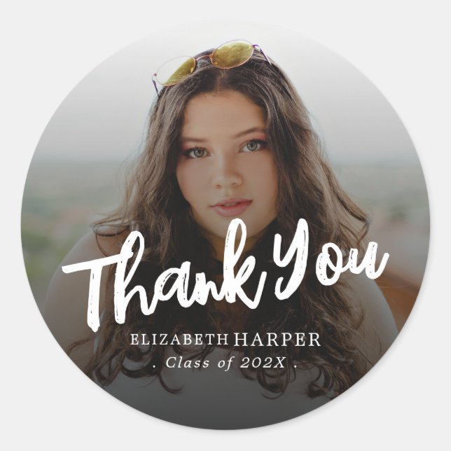 Modern Brush Script Photo Graduation Thank You Classic Round Sticker (Front)