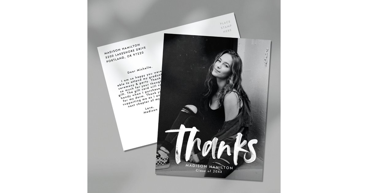 Modern Brush Script Photo Graduation Thank You Postcard | Zazzle