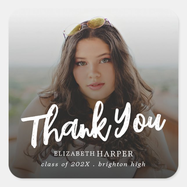 Modern Brush Script Photo Graduation Thank You Square Sticker (Front)