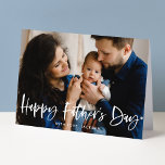 Modern Brush Script Photo Happy Father's Day Card<br><div class="desc">Cute, modern father's day greeting card featuring your favorite family photo on the front with "Happy Father's Day" in a white, hand-lettered brush script overlay. Personalize the front of the father's day card by adding a custom greeting and your name(s). The inside of card features a blue and white plaid...</div>
