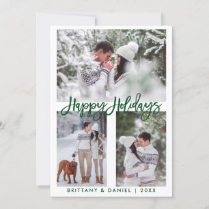 Modern Brush Script Photo Happy Holidays Green Holiday Card