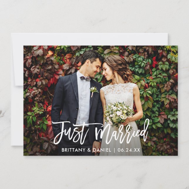 Modern Brush Script Photo Just Married Announcement (Front)