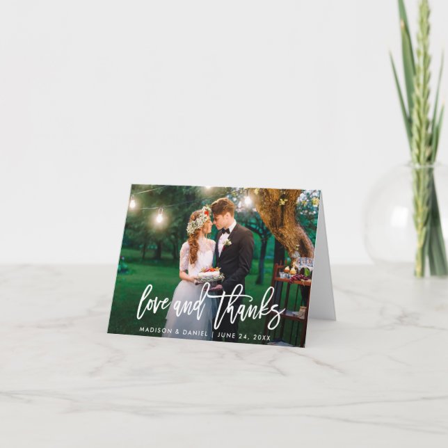 Modern Brush Script Photo Love Thanks Wedding Note Card (Front)