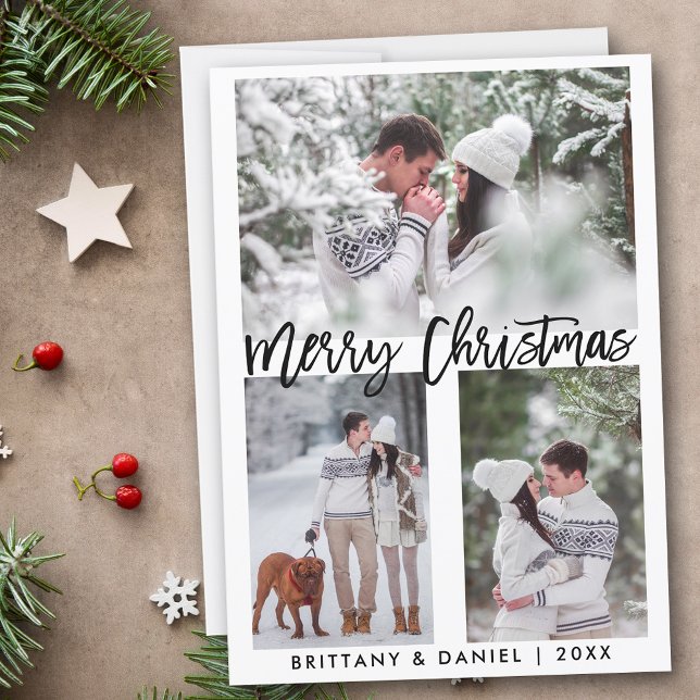 Modern Brush Script Photo Merry Christmas Holiday Card (Customize to add text to back of card.)