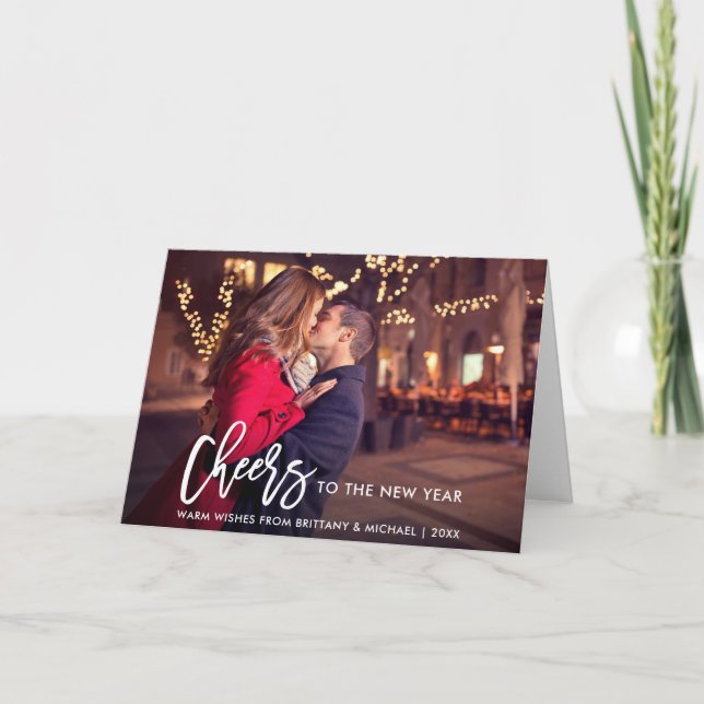 Modern Brush Script Photo New Year Cheers Holiday Card (Front)