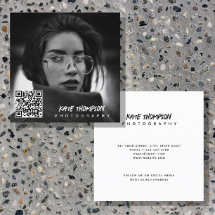 Modern Brush Script Photo QR Code Social Media Square Business Card