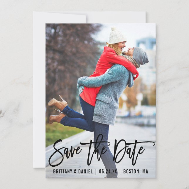 Modern Brush Script Photo Save The Date B Card (Front)