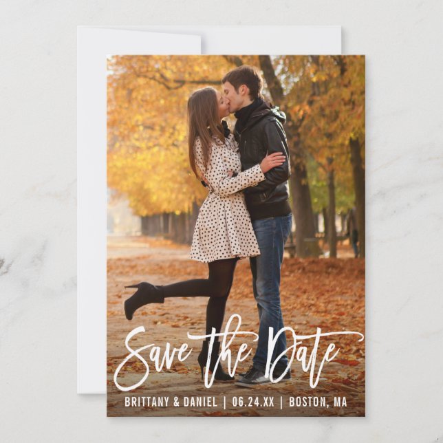 Modern Brush Script Photo Save The Date Card (Front)