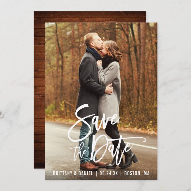 Modern Brush Script Photo Save The Date Card Wood (Front/Back)