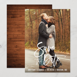 Modern Brush Script Photo Save The Date Card Wood