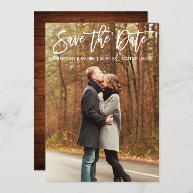 Modern Brush Script Photo Save The Date Wood Card (Front/Back)