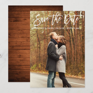 Modern Brush Script Photo Save The Date Wood Card