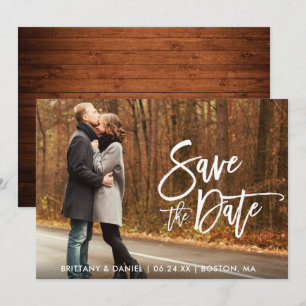Modern Brush Script Photo Wood Save The Date Card
