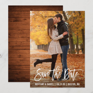 Modern Brush Script Photo Wood Save The Date Card