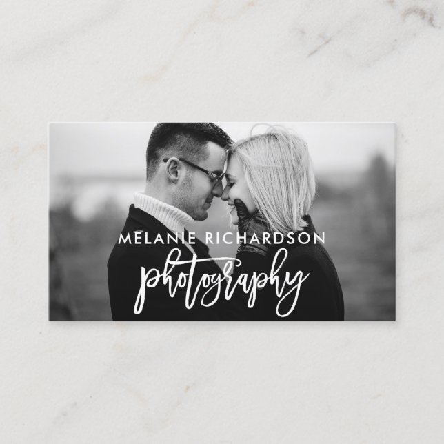 Modern Brush Script Photography BW Photo Business Card (Front)