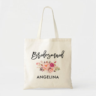 Modern Brush Script Pink Blush Floral Bridesmaid Tote Bag