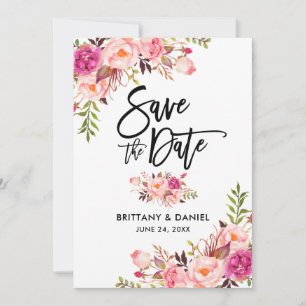 Modern Brush Script Pink Blush Floral Save The Date